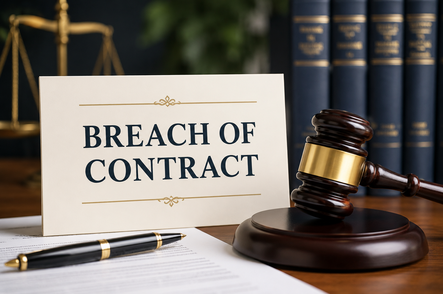 Breach of contract legal concept with judge gavel and contract documents representing civil litigation services in Doral Florida