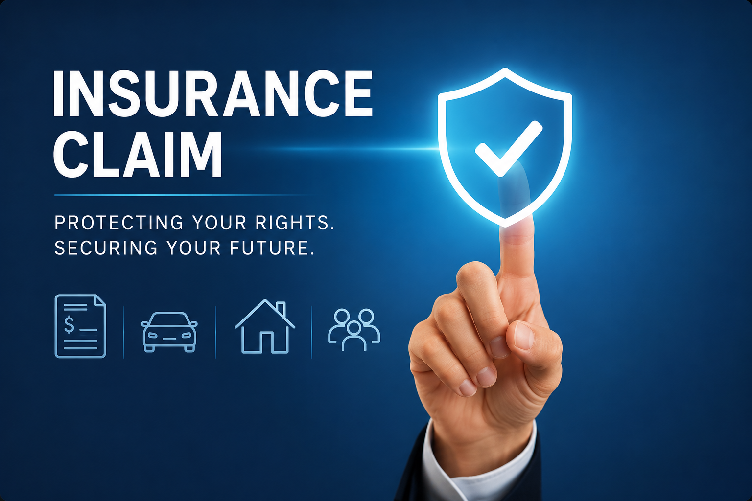 Hand selecting a digital insurance claim protection icon representing legal support for policy disputes and claim assistance.